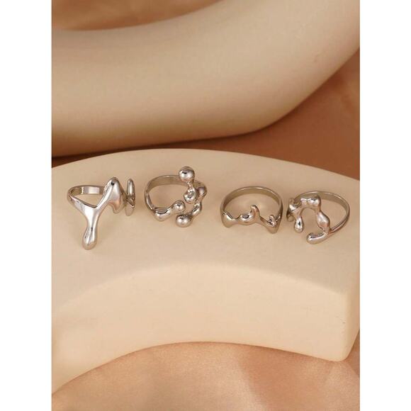 4x Chic Avant Garde Molten Liquid Silver Metal Drip Ring Set - Picture 5 of 5